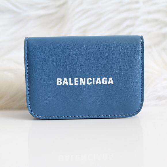 Balenciaga Blue & White Leather Logo Everyday Trifold Mini Compact Wallet
